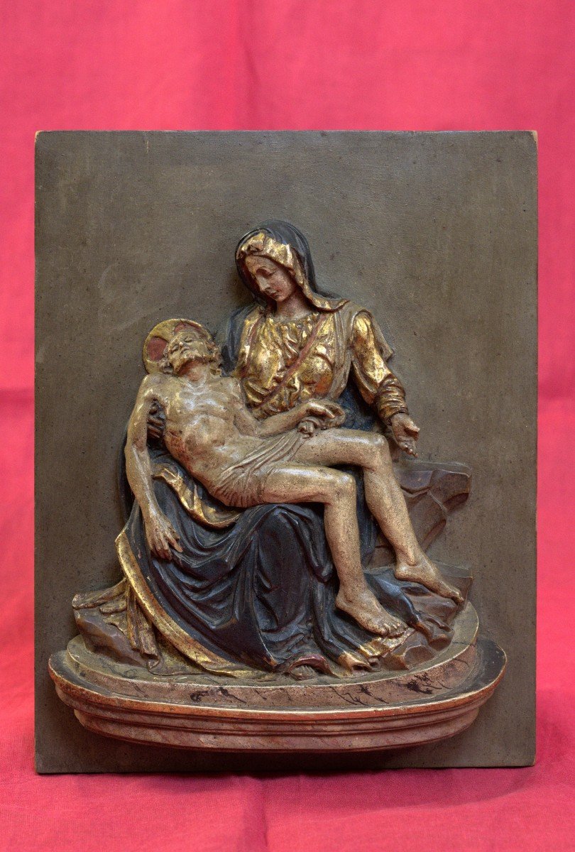 Bas-relief en Bois Polychrome - Pieta d'Après Michel Ange - Christ & Vierge - XIXe 19e Siècle