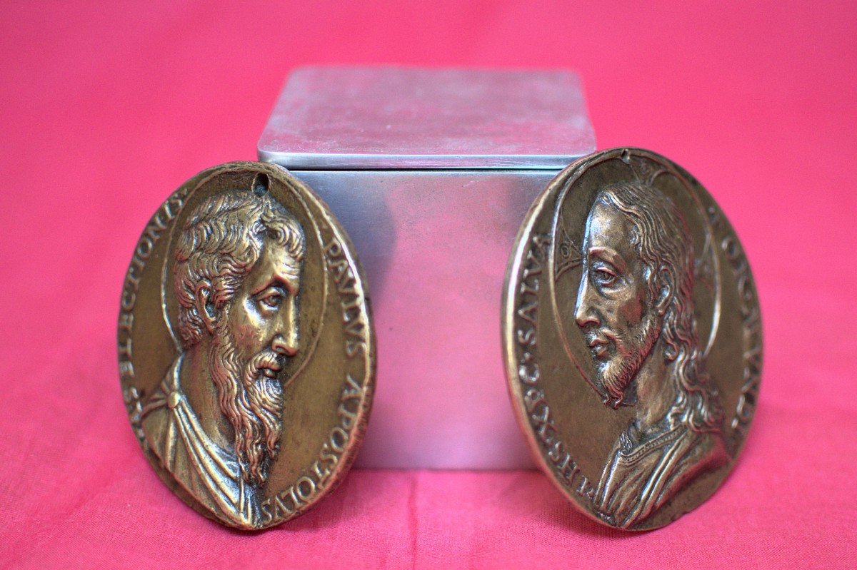 2x Bronze Plaquette - Christ And Saint Paul - 16th Century Renaissance Haute Epoque 16-photo-7