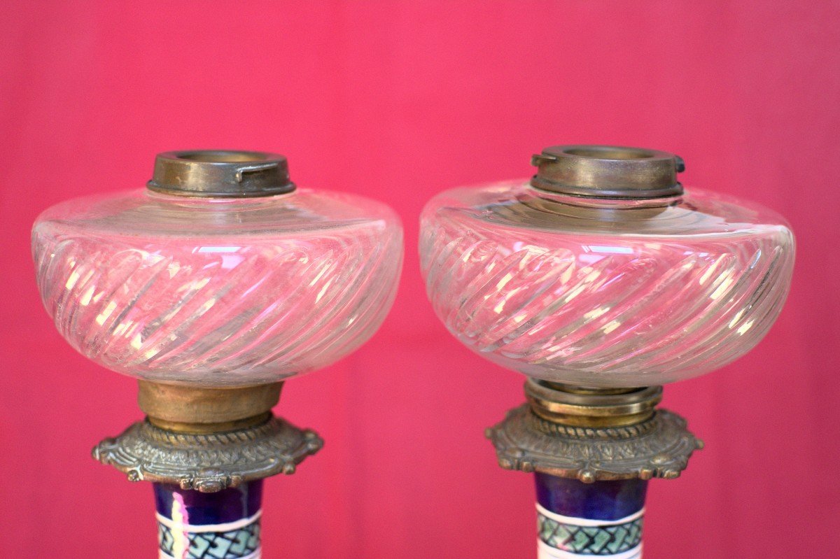 Paire Grandes Lampes à Pétrole - Décor Renaissance Gien - Faience & Bronze - XIXe 19e Siècle 19-photo-7