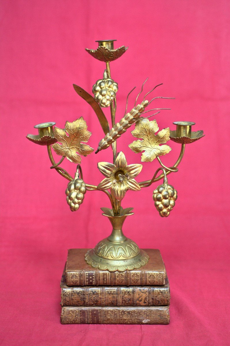 Grand Ornement d'Autel Et Bougeoir Assorti - Bronze Et Laiton - XIXe 19e Siècle - Religieux 19-photo-1