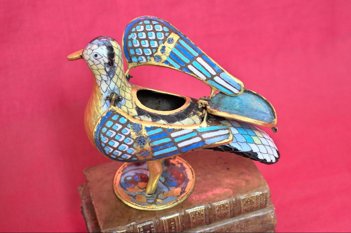Eucharistic Dove - Medieval Style - Enameled And Gilded Copper - 19th Century 19 Enamels-photo-4