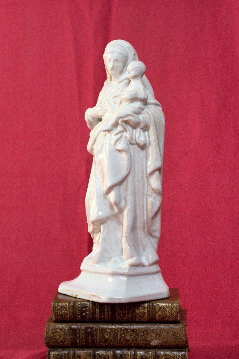 Vierge à l'Enfant - Faïence Blanche - XVIIIe 18e Siècle - Statuette Religieuse 18 Faience-photo-4