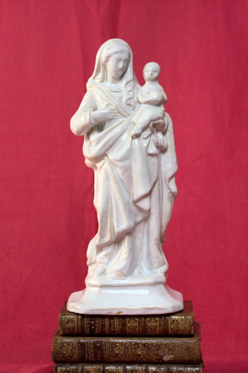 Vierge à l'Enfant - Faïence Blanche - XVIIIe 18e Siècle - Statuette Religieuse 18 Faience