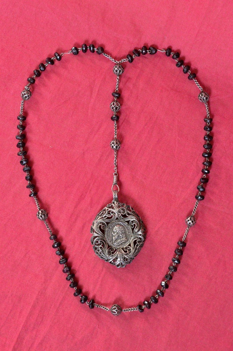 Chapelet - Filigrane d'Argent & Grenats + Médaille XVIIe - XIXe 19e Siècle 19 Religieux Croix-photo-2