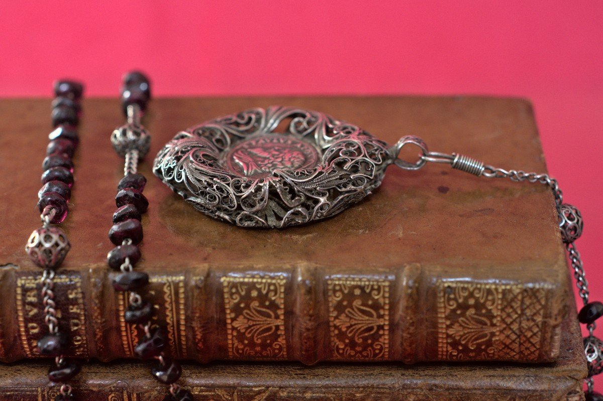 Chapelet - Filigrane d'Argent & Grenats + Médaille XVIIe - XIXe 19e Siècle 19 Religieux Croix-photo-5