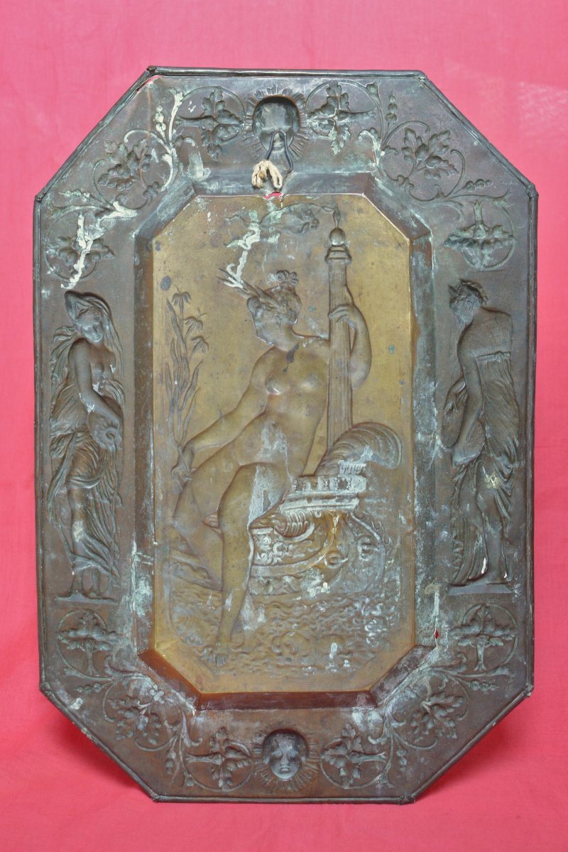 Large Ceremonial Platter After Jean Goujon - Repoussé Brass - 19th Century Renaissance Style-photo-2