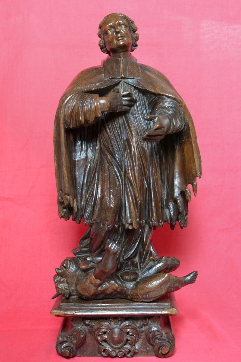 Wooden Statue 64cm - Saint Priest And Demon - 18th Century - Religious Sculpture 18