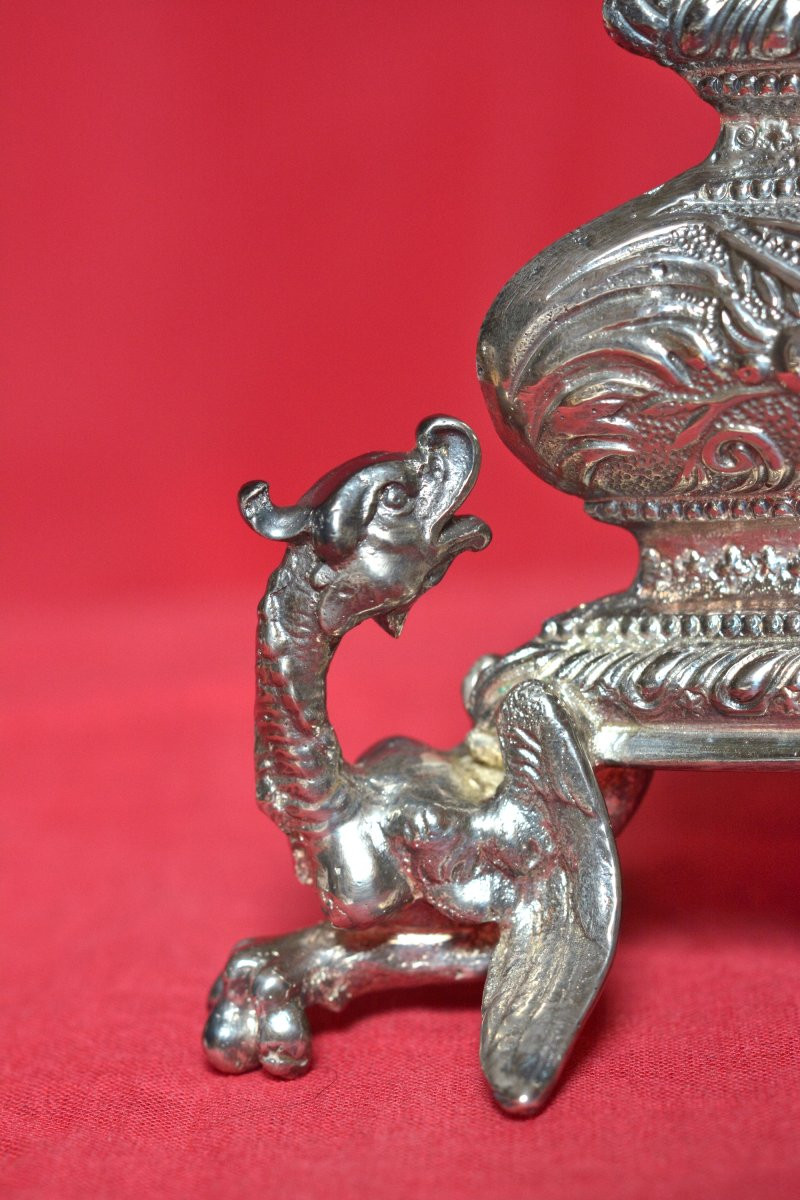 2x Renaissance Style Candlestick - Silver Plated Bronze - 19th Century Candelabra Candle 19-photo-4