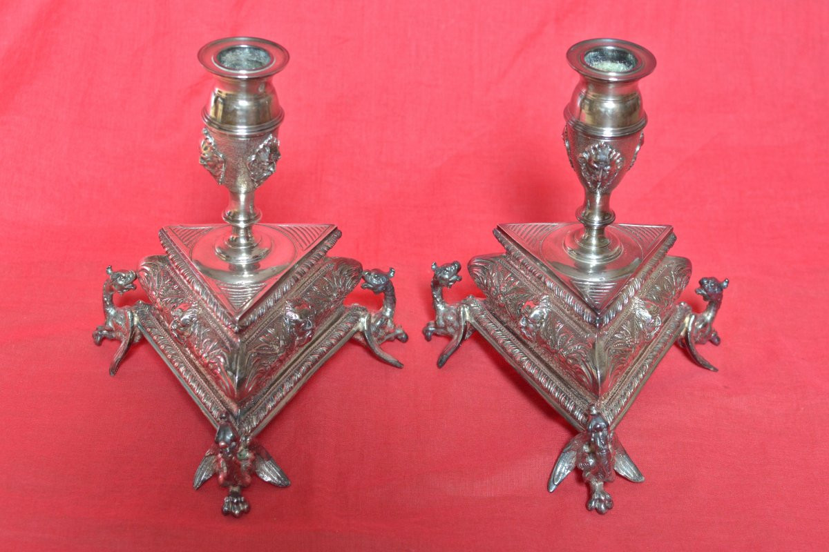 2x Renaissance Style Candlestick - Silver Plated Bronze - 19th Century Candelabra Candle 19-photo-4