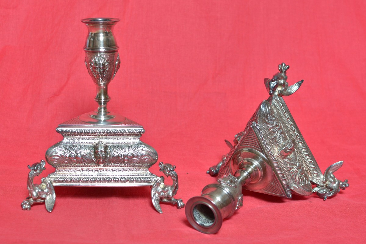 2x Renaissance Style Candlestick - Silver Plated Bronze - 19th Century Candelabra Candle 19