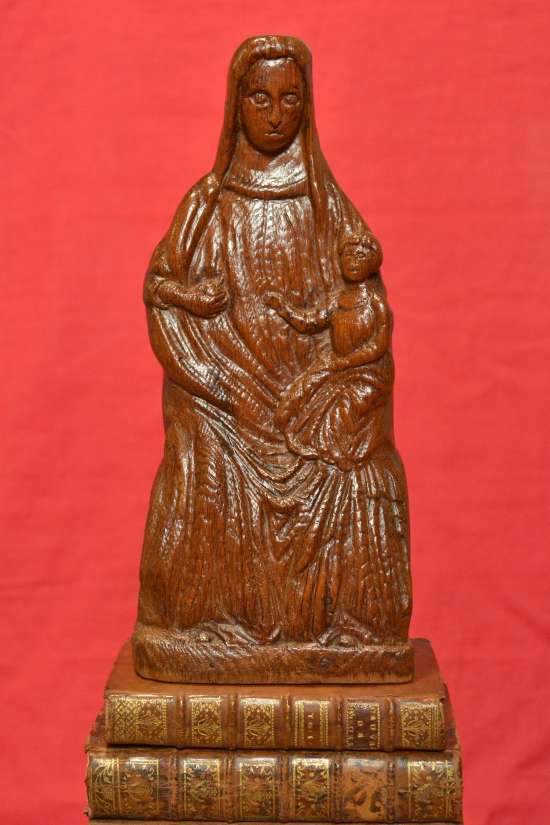 Medieval Style Virgin And Child - Wood Statuette - 19th Century - Religious Sculpture