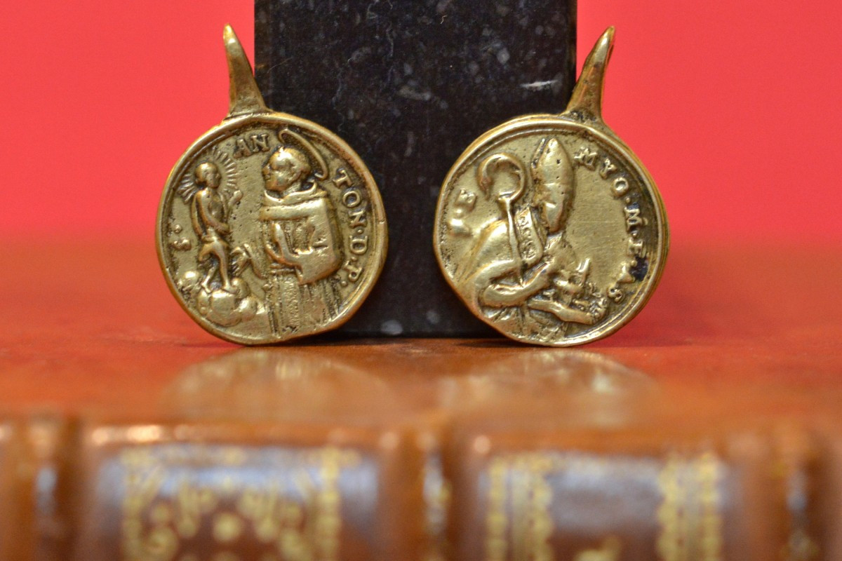 2x Small Rosary Medal - Bronze - 17th Century - Saint Anthony Haute Epoque Religion