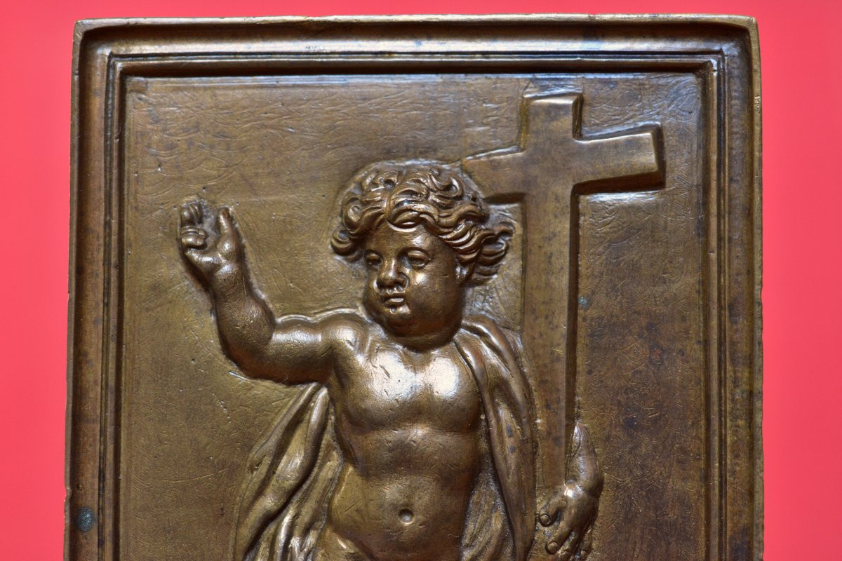 Bronze Plaquette - Christ As A  Child - 18th Century - Religion Sculpture Jesus Cross-photo-3