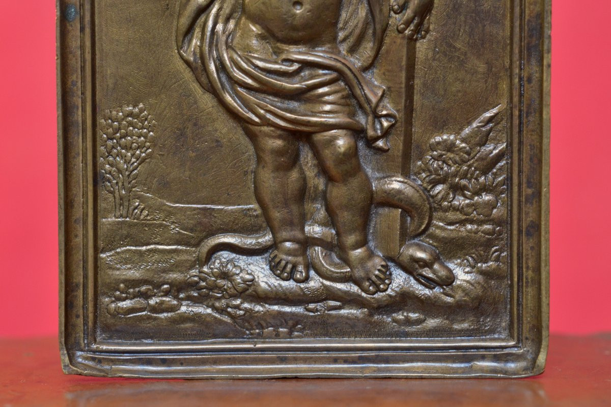 Bronze Plaquette - Christ As A  Child - 18th Century - Religion Sculpture Jesus Cross-photo-4