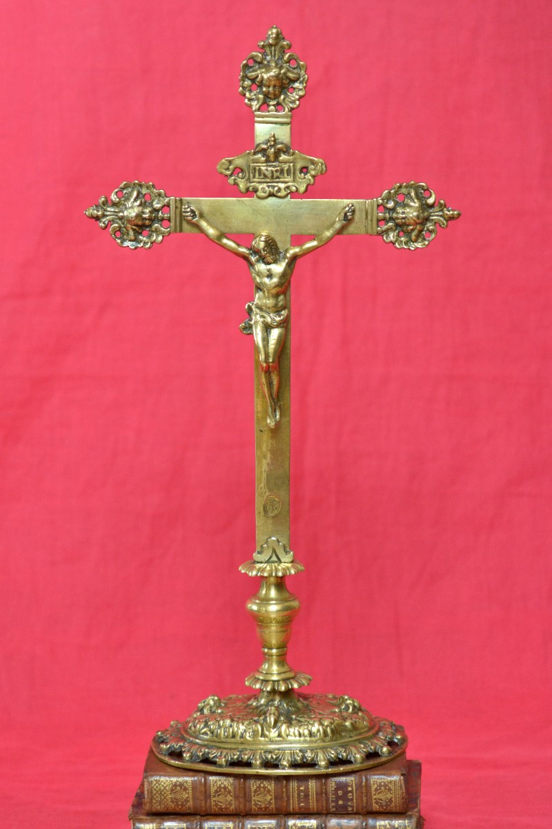 Crucifix By Master Ib - Bronze - 17th Century - Haute Epoque Christ Cross Religion 17