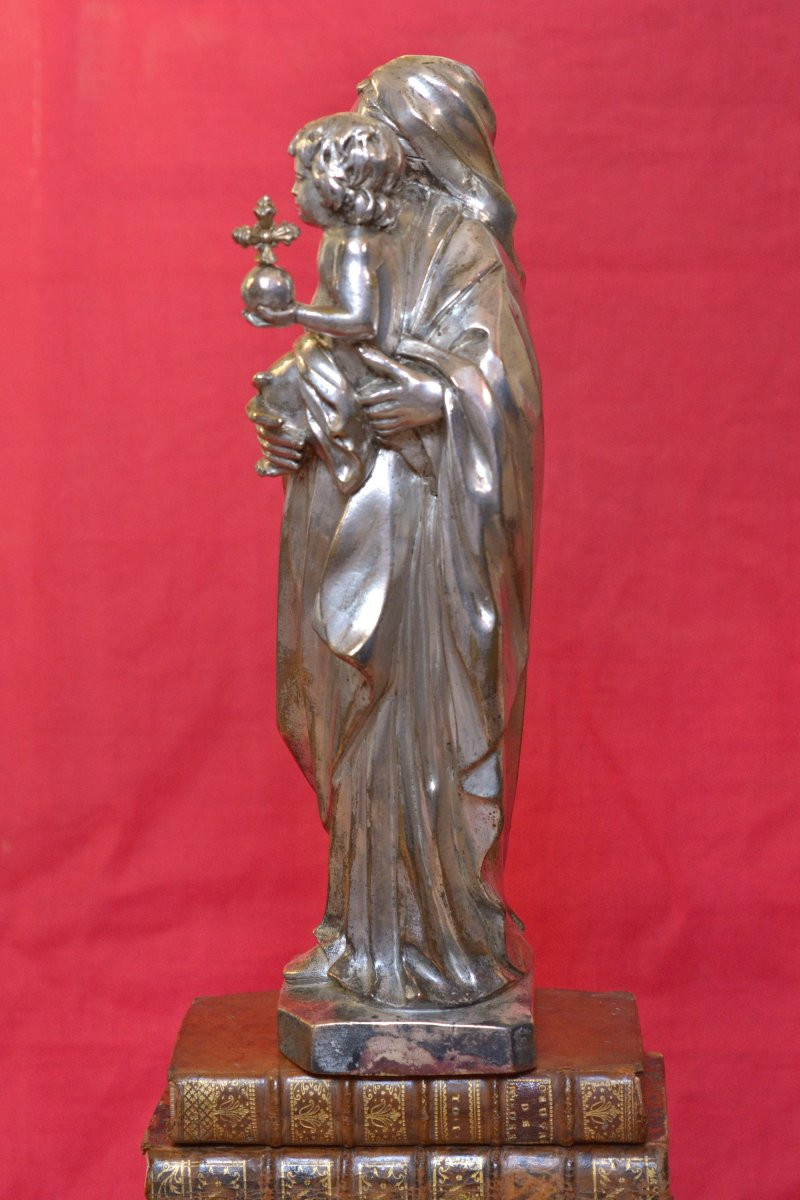 Grande Vierge à l'Enfant 32 cm - Bronze Argenté - XIXe 19e siècle sculpture religion statue 19-photo-3