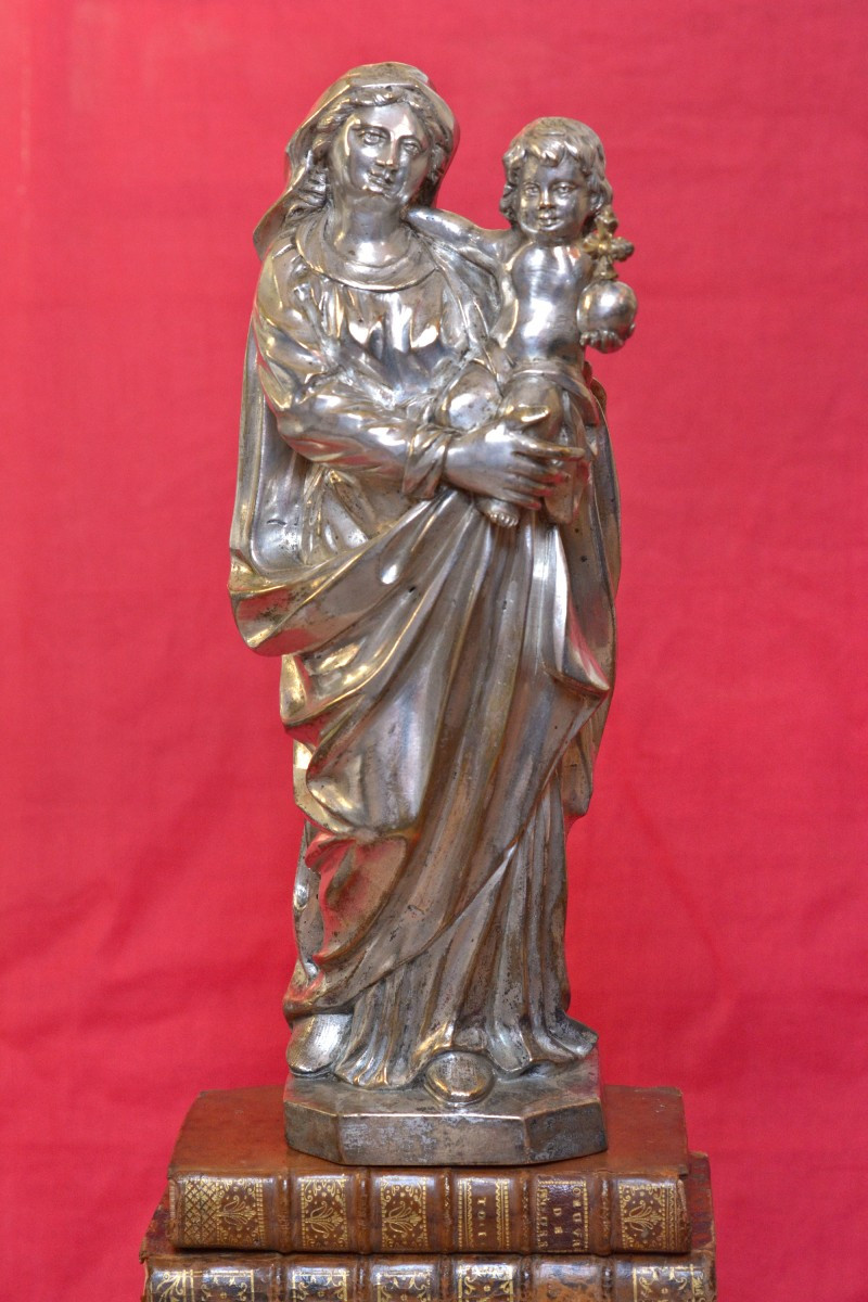 Grande Vierge à l'Enfant 32 cm - Bronze Argenté - XIXe 19e siècle sculpture religion statue 19