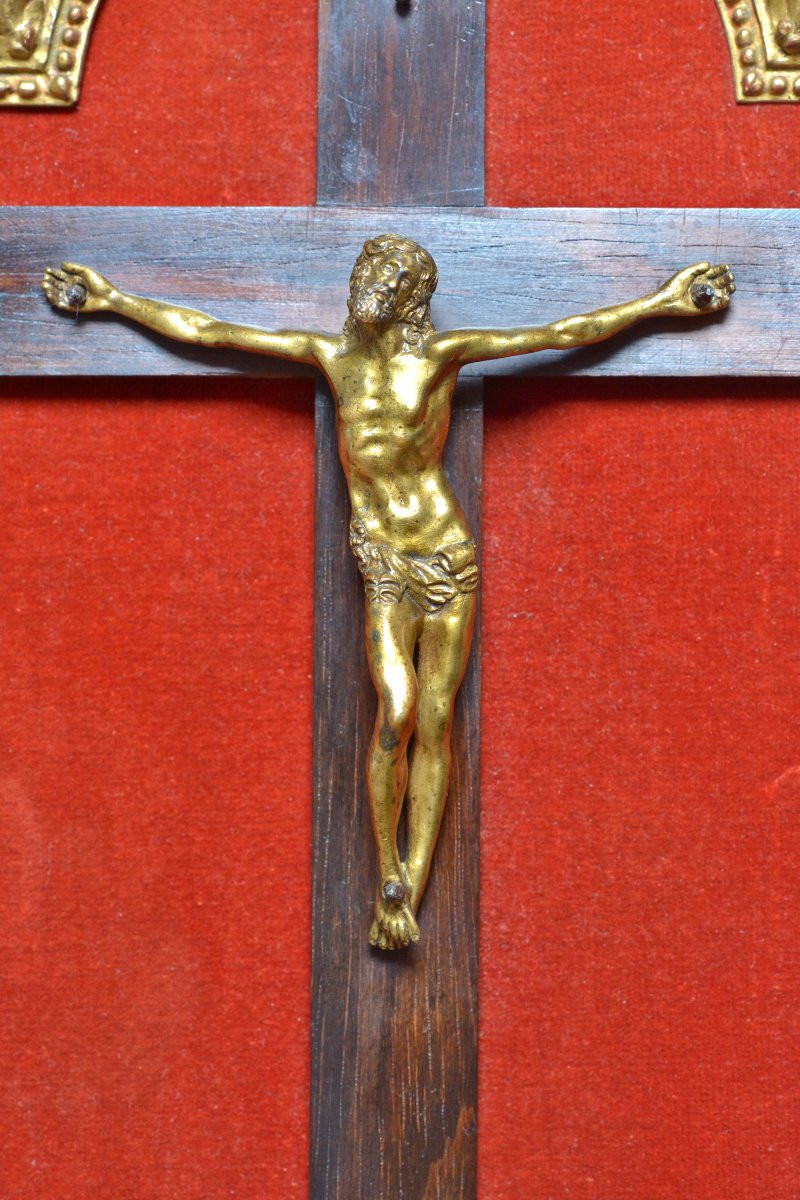 Christ en Bronze Doré - XVIIe 17e siècle - Crucifix Cadre Bois Doré - sculpture religion 17-photo-2