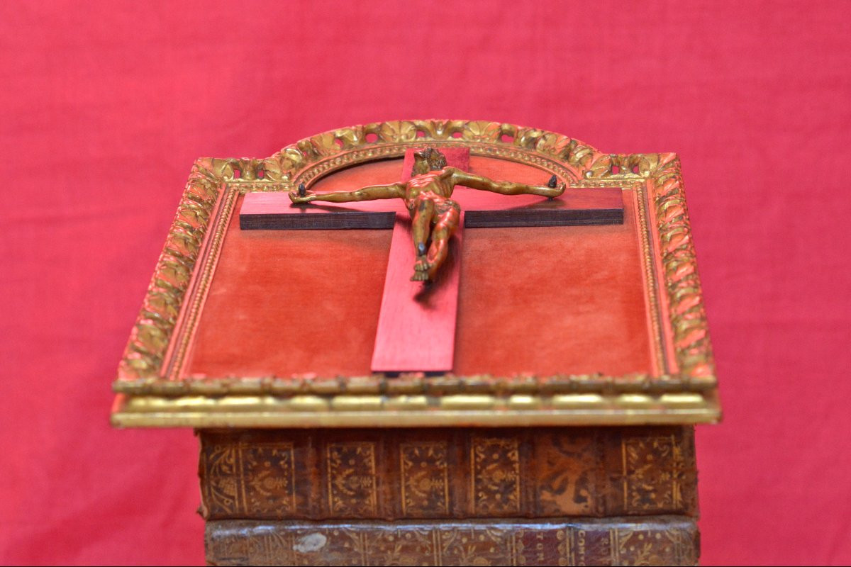 Christ en Bronze Doré - XVIIe 17e siècle - Crucifix Cadre Bois Doré - sculpture religion 17-photo-4