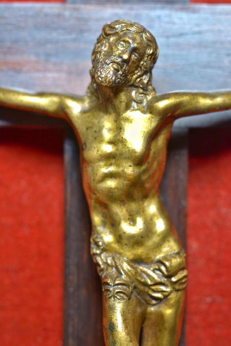 Christ en Bronze Doré - XVIIe 17e siècle - Crucifix Cadre Bois Doré - sculpture religion 17-photo-4