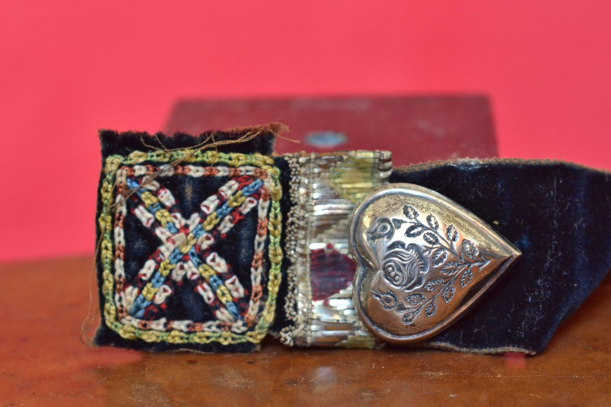 Croix Jeannette Bretonne - Argent Massif - XIXe 19e siècle - Coeur ruban velours Bretagne-photo-2