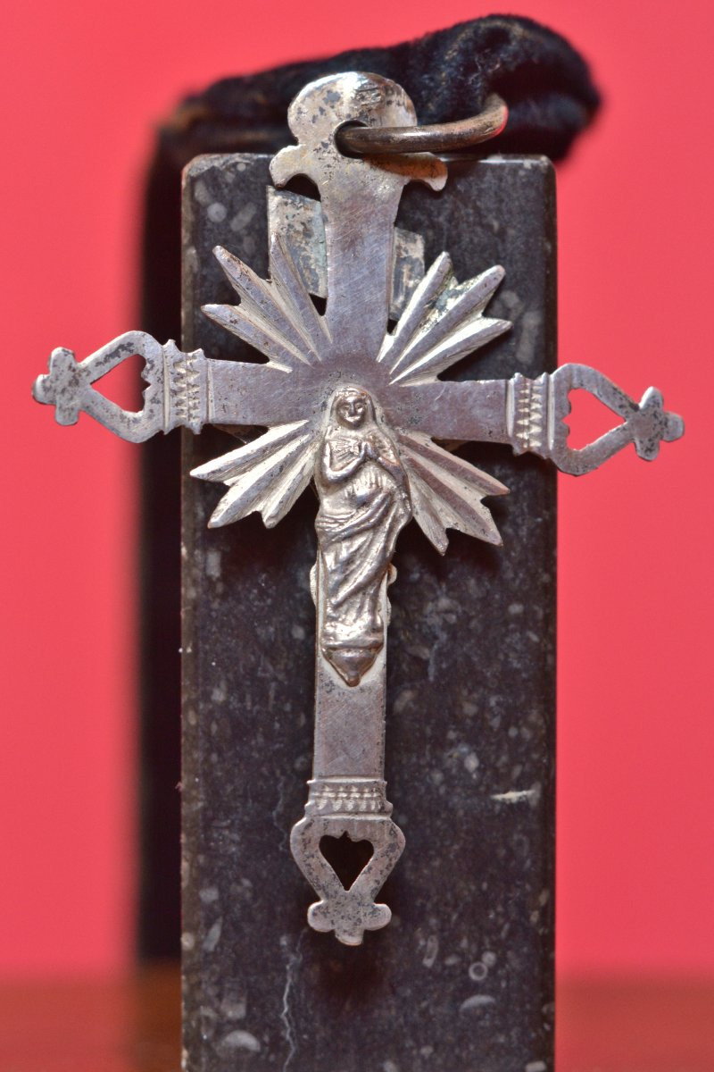 Croix Jeannette Bretonne - Argent Massif - XIXe 19e siècle - Coeur ruban velours Bretagne-photo-3