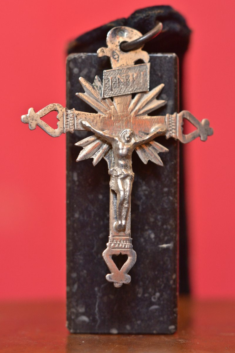 Croix Jeannette Bretonne - Argent Massif - XIXe 19e siècle - Coeur ruban velours Bretagne-photo-4