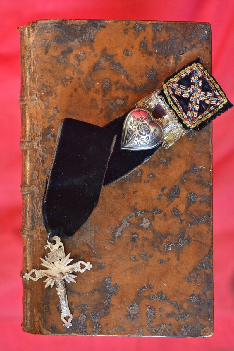 Croix Jeannette Bretonne - Argent Massif - XIXe 19e siècle - Coeur ruban velours Bretagne-photo-3