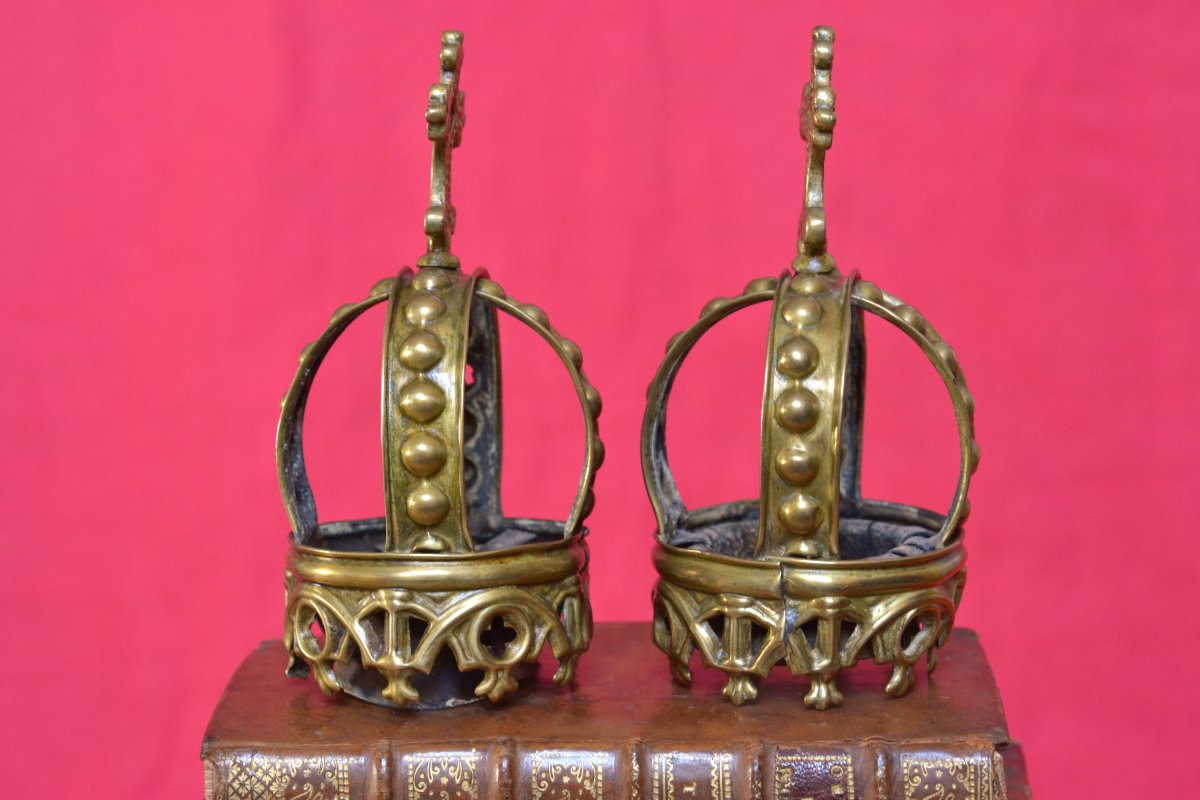 2x Couronne de Statue Religieuse - Laiton - XIXe 19e siècle - Vierge Jésus religion ornement 19-photo-2