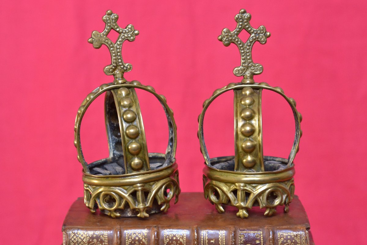 2x Couronne de Statue Religieuse - Laiton - XIXe 19e siècle - Vierge Jésus religion ornement 19-photo-3