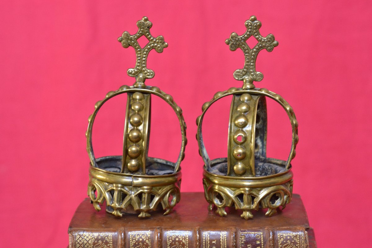 2x Couronne de Statue Religieuse - Laiton - XIXe 19e siècle - Vierge Jésus religion ornement 19-photo-4