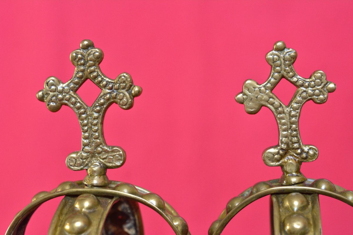 2x Couronne de Statue Religieuse - Laiton - XIXe 19e siècle - Vierge Jésus religion ornement 19-photo-5