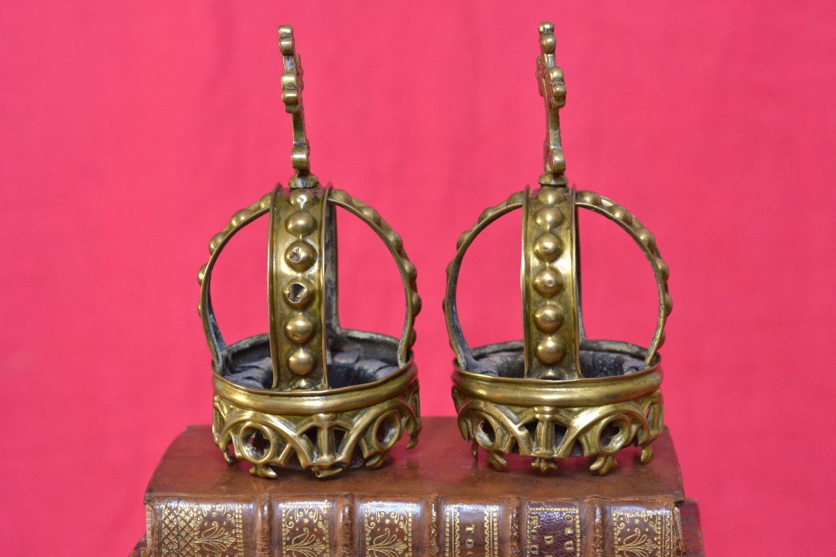 2x Couronne de Statue Religieuse - Laiton - XIXe 19e siècle - Vierge Jésus religion ornement 19-photo-1