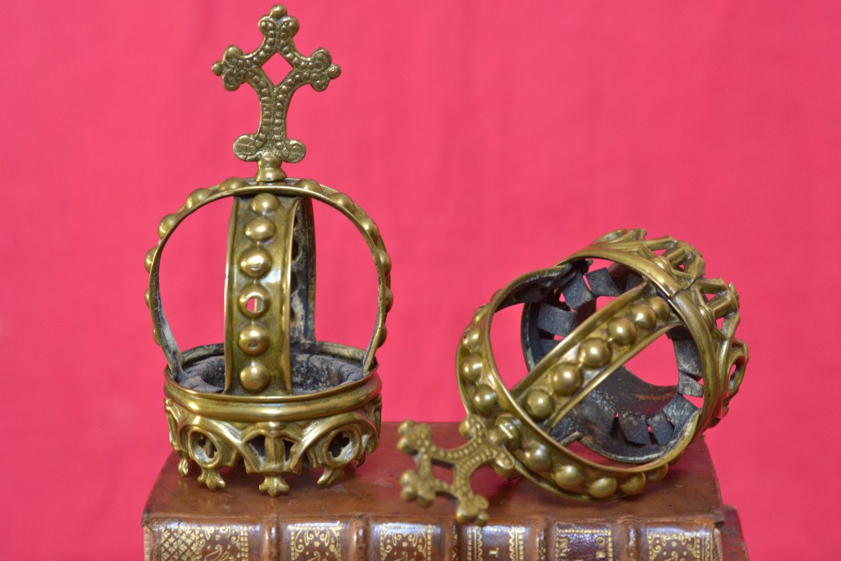 2x Couronne de Statue Religieuse - Laiton - XIXe 19e siècle - Vierge Jésus religion ornement 19-photo-2