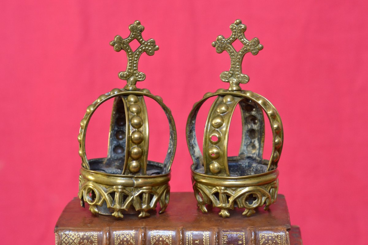 2x Couronne de Statue Religieuse - Laiton - XIXe 19e siècle - Vierge Jésus religion ornement 19