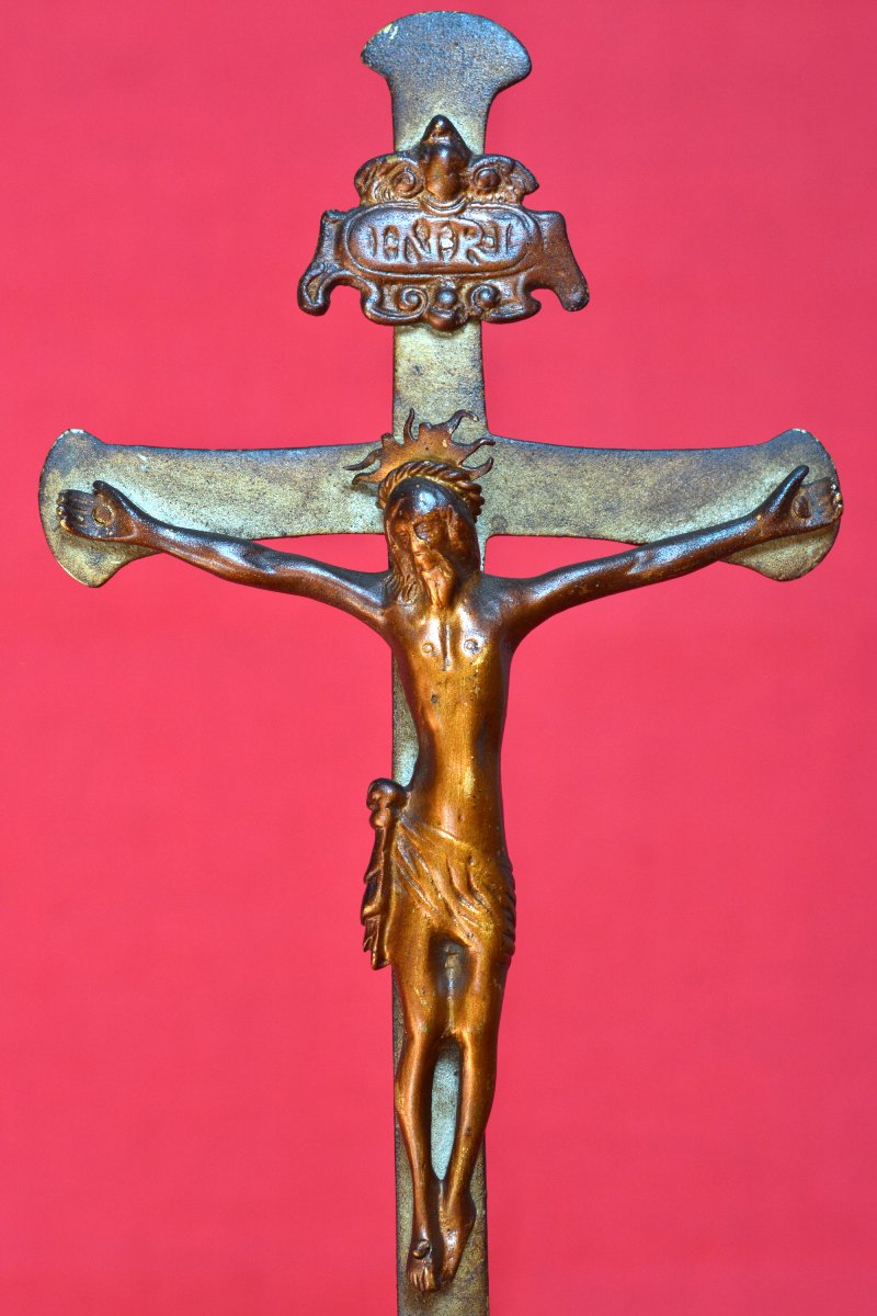 Calvary Crucifix - Brass - 17th Century - Christ Cross Religion Haute Epoque Sculpture 17-photo-3