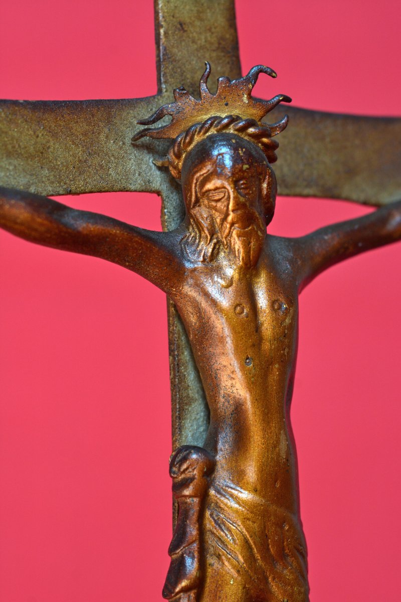 Calvary Crucifix - Brass - 17th Century - Christ Cross Religion Haute Epoque Sculpture 17-photo-4