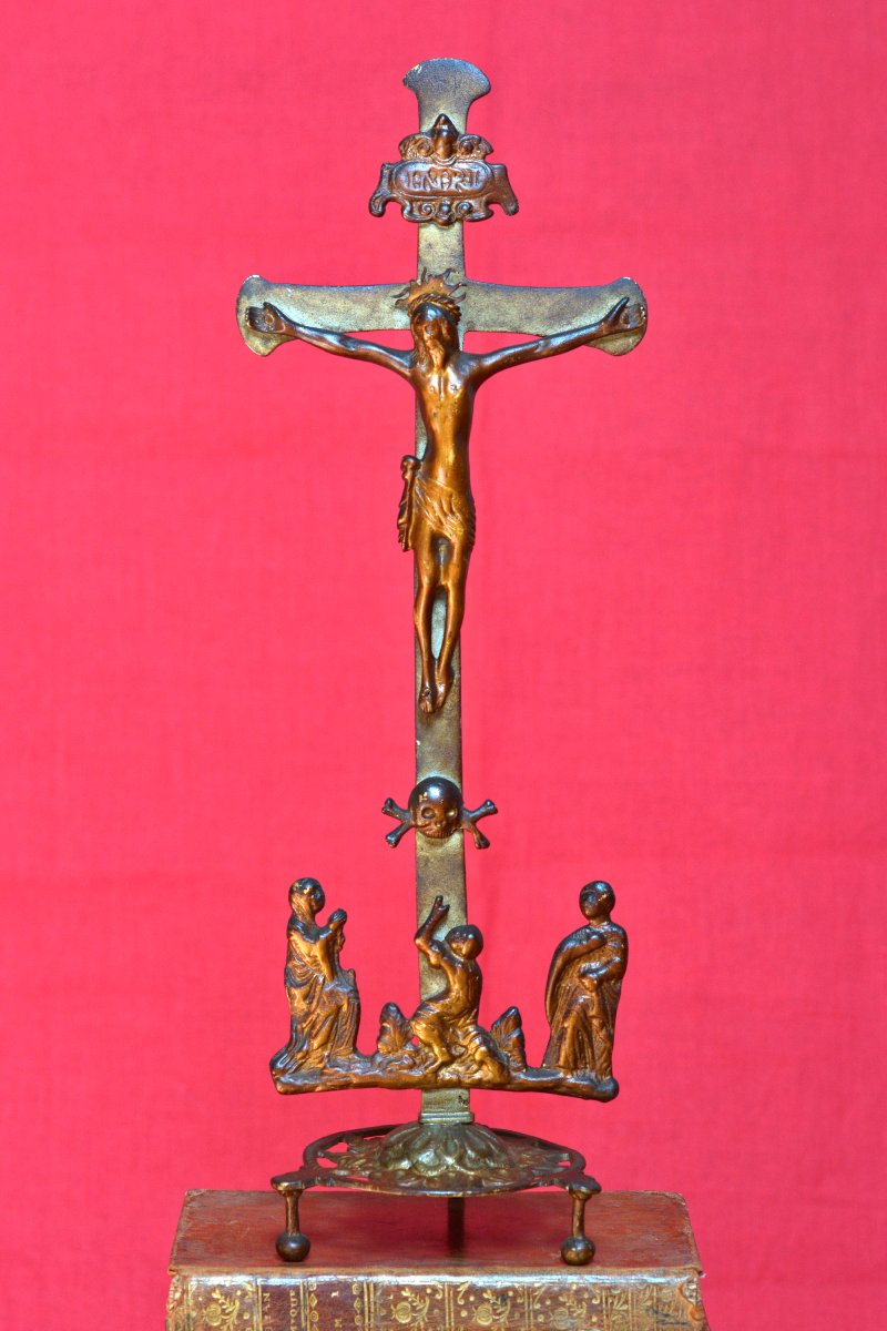 Calvary Crucifix - Brass - 17th Century - Christ Cross Religion Haute Epoque Sculpture 17