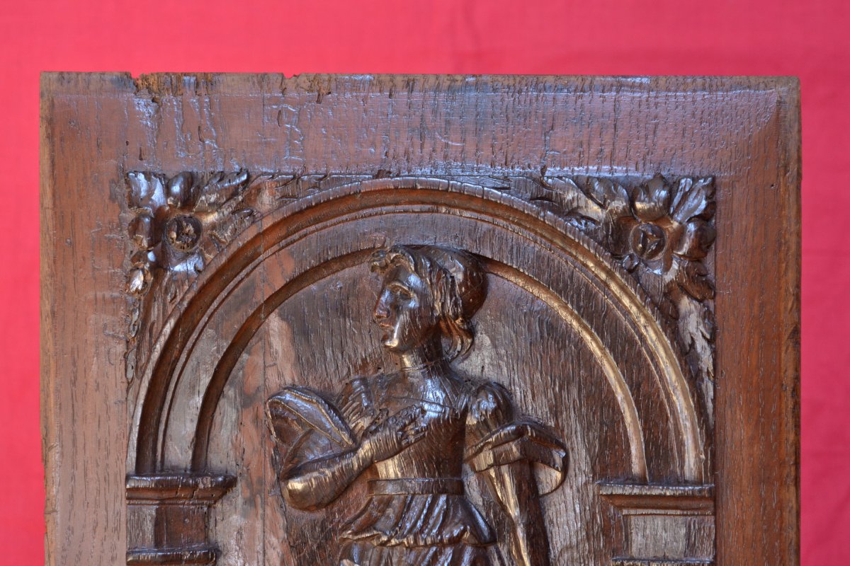 Carved Wood Panel - Saint Philomena - Bas-relief - 19th Century Religion Martyr Sculpture-photo-2