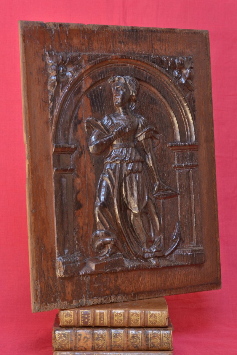 Carved Wood Panel - Saint Philomena - Bas-relief - 19th Century Religion Martyr Sculpture-photo-4