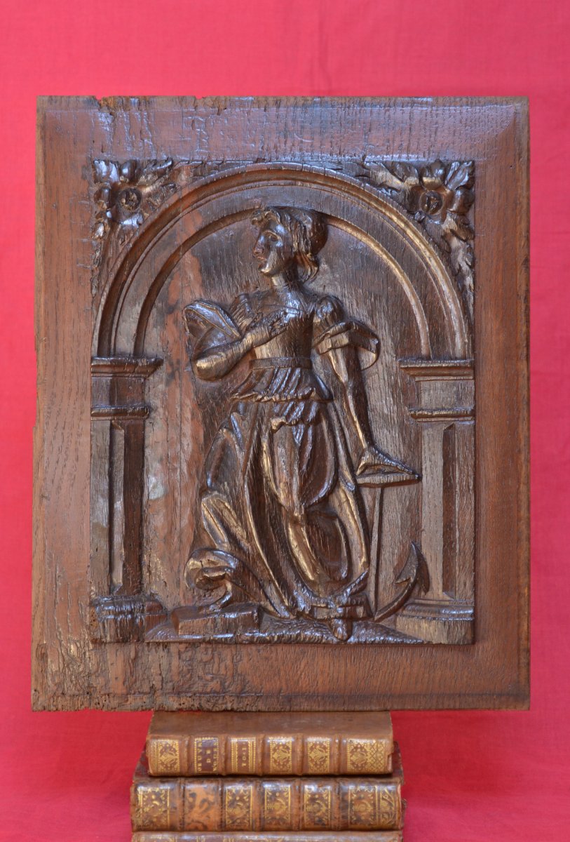 Carved Wood Panel - Saint Philomena - Bas-relief - 19th Century Religion Martyr Sculpture