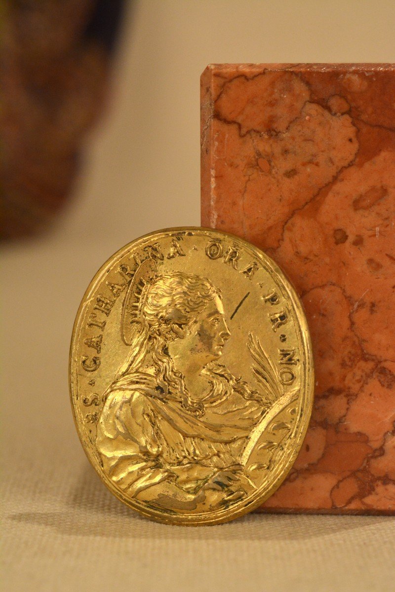 Gilded Bronze Medal - Saint Anthony And Saint Catherine - 17th Century-photo-2
