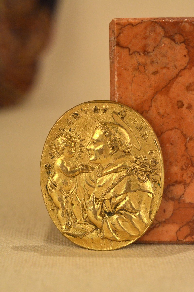 Gilded Bronze Medal - Saint Anthony And Saint Catherine - 17th Century