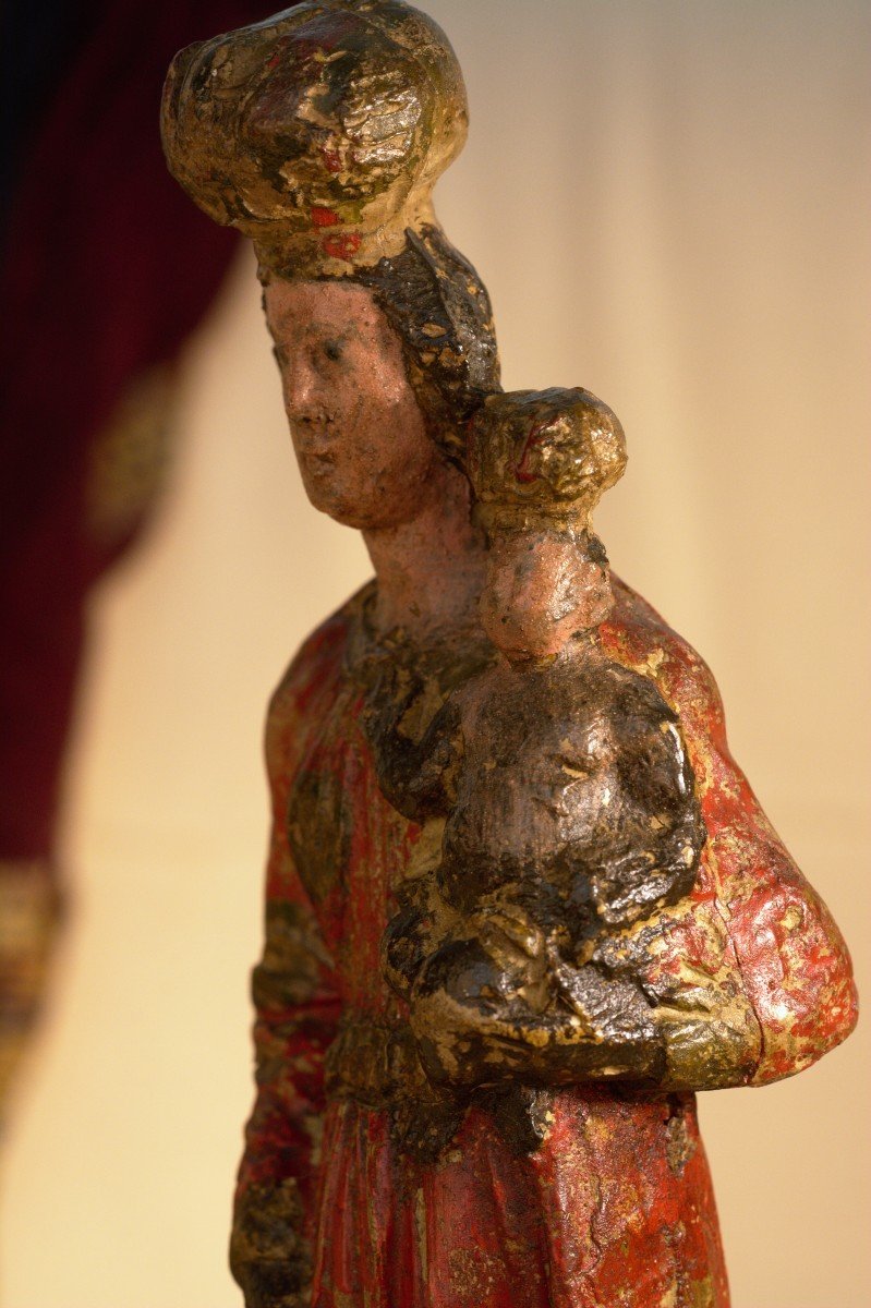 Madonna And Child Statuette - Polychrome Terracotta - 17th Century-photo-3