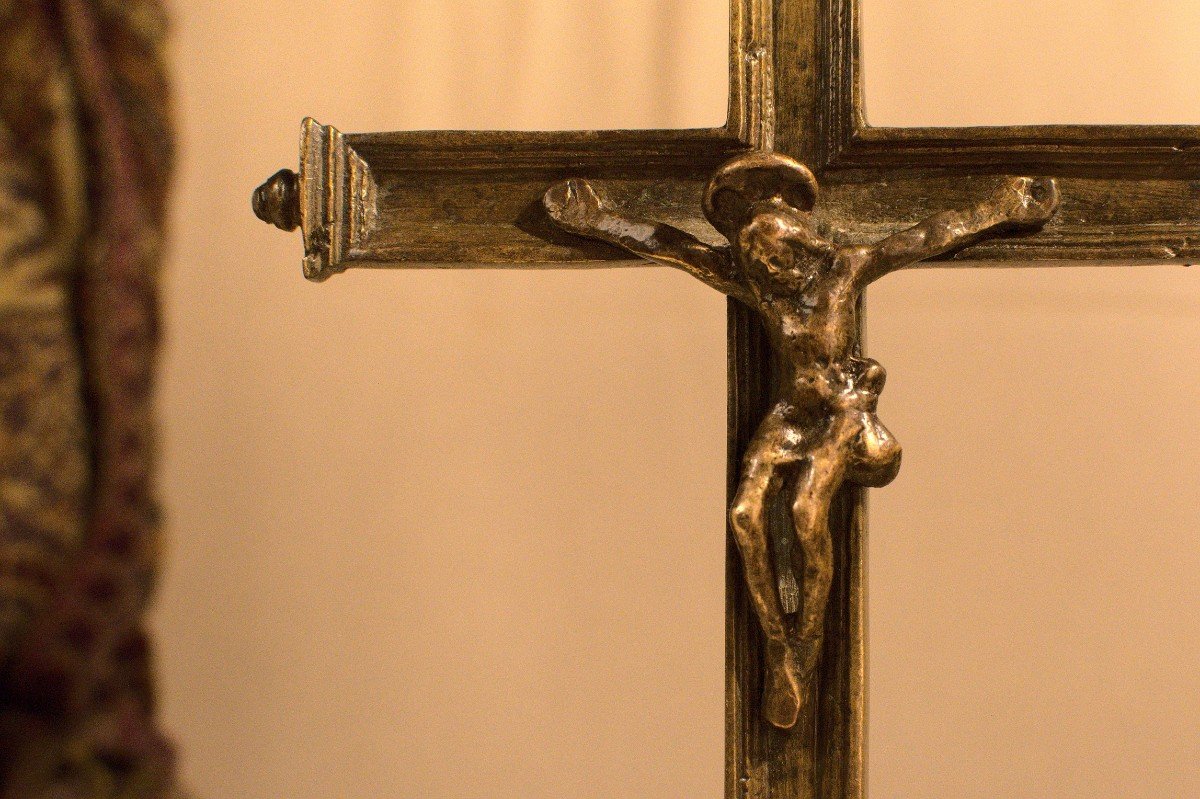 Crucifix With A Virgin Medallion – Bronze Cross - 17th Century - Haute Epoque-photo-4