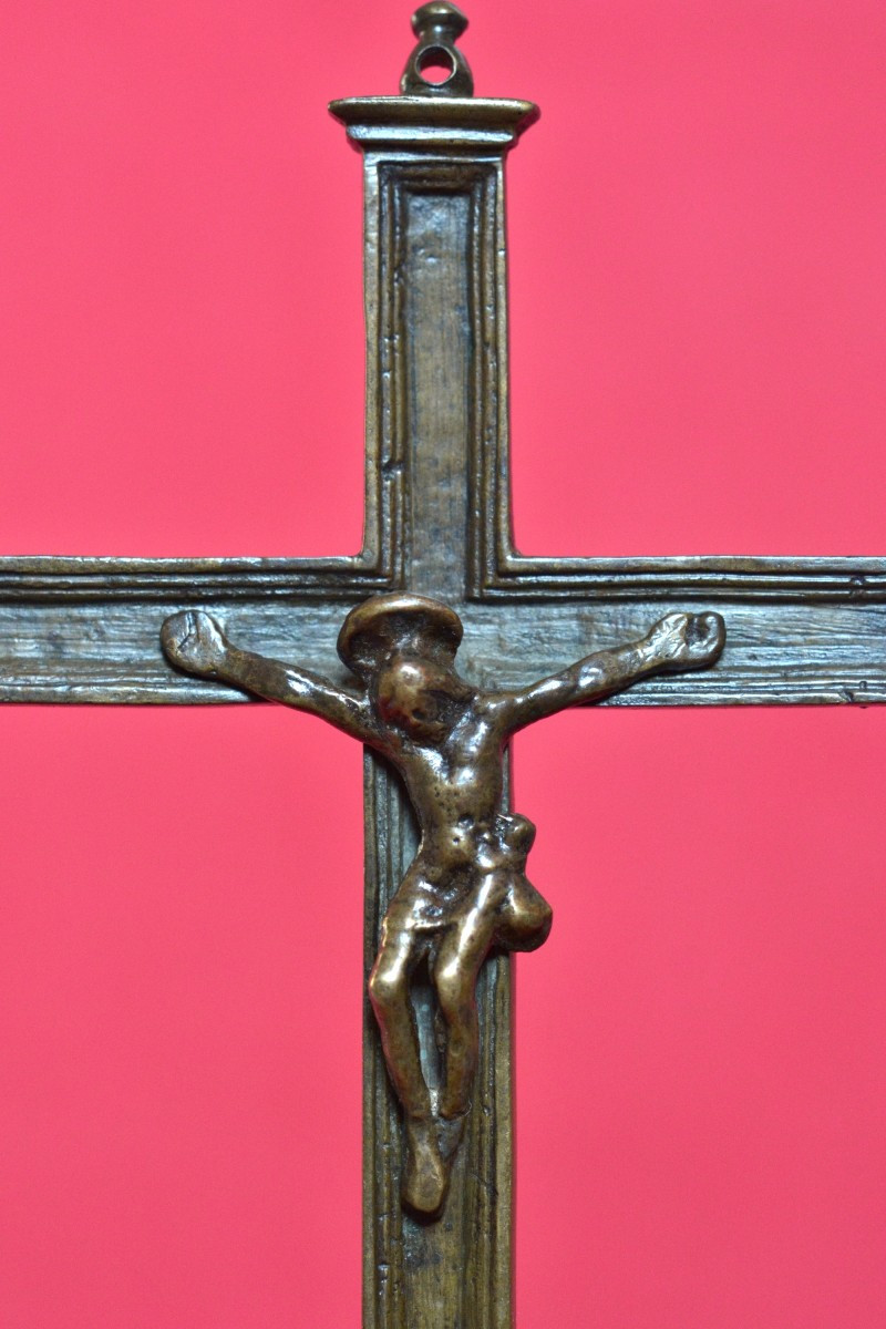 Crucifix With A Virgin Medallion – Bronze Cross - 17th Century - Haute Epoque-photo-4