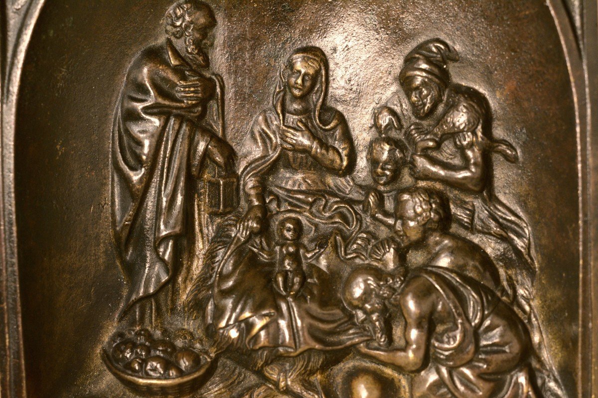 Bronze Plaquette - Adoration Of The Shepherds - Crèche - Bas Relief - 19th Century-photo-2
