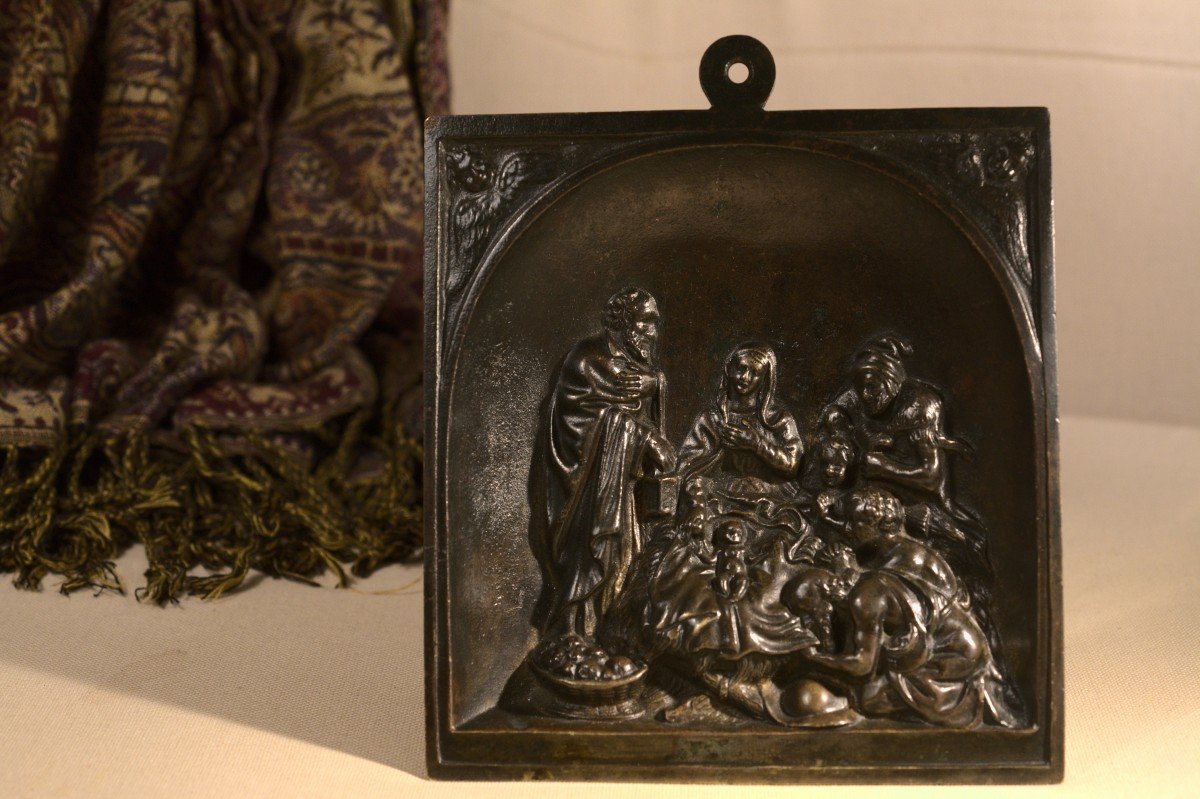 Bronze Plaquette - Adoration Of The Shepherds - Crèche - Bas Relief - 19th Century
