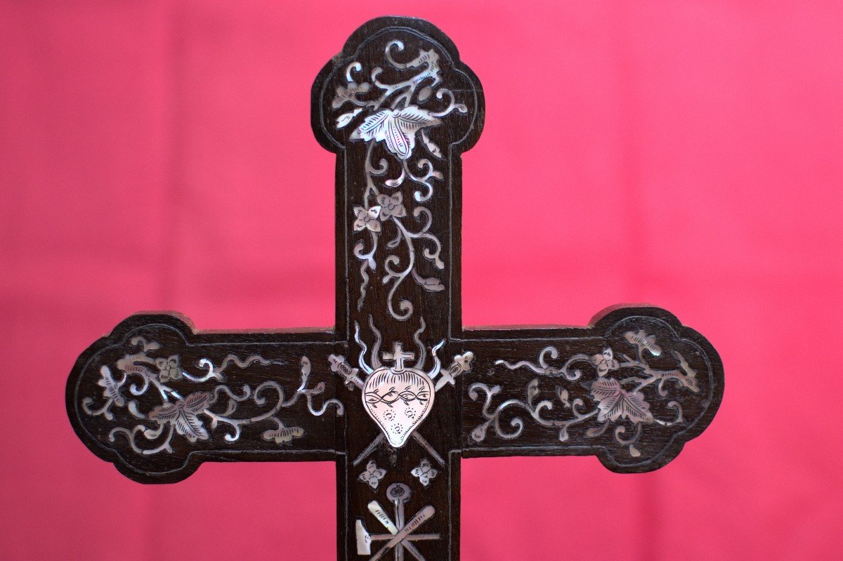 Large Cross With Mother Of Pearl Inlays - Wood - Crucifix - Heart - Passion - 19th Century-photo-2