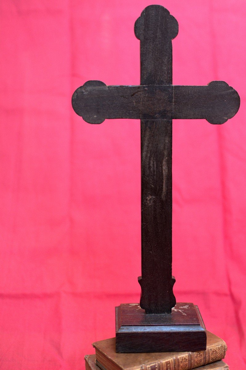 Large Cross With Mother Of Pearl Inlays - Wood - Crucifix - Heart - Passion - 19th Century-photo-3
